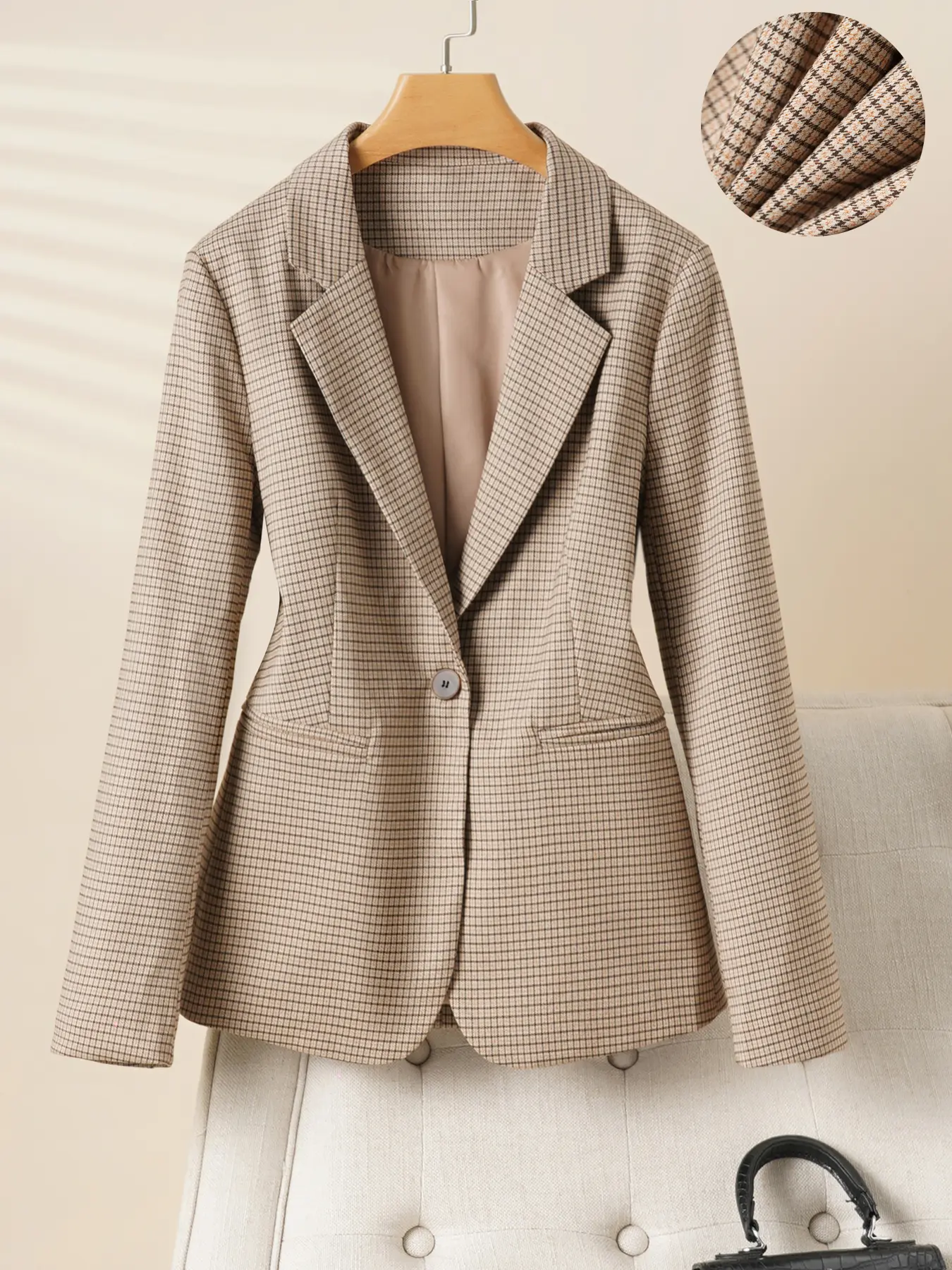 Women's Plaid Lapel Neckline Button Front Blazer Jacket, Business Style Jacket, Spring & Fall Fashion Long Sleeve Office Wear, Casual Elegant Outerwear for Women, Business Attire Clothes
