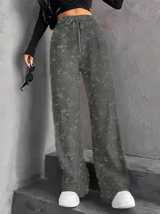 Women's Wide Leg Pants, Drawstring Waist Elastic Band, Rhinestone Embellished Design, Loose-Fitting Casual Wear