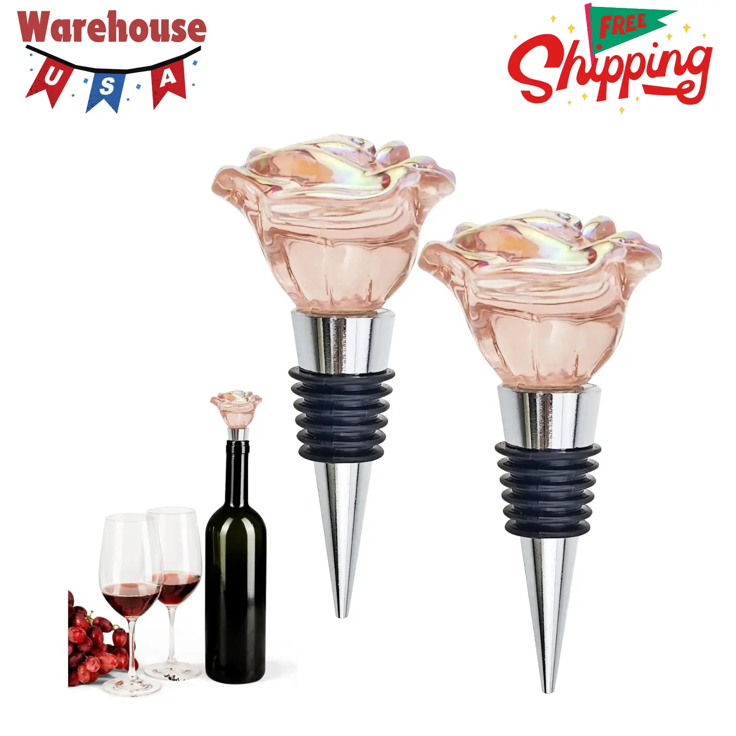 2 PACK Rose Wine Stopper, Bottle Stopper Wine Saver PINk 1