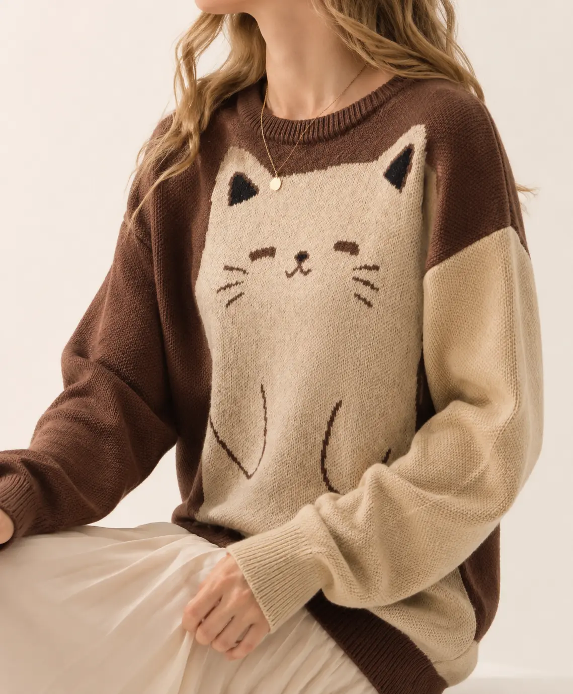 Women's Cute Cat Graphic Knit Sweater Oversized Kawaii Animal Pullover Brown Color Block Crewneck Long Sleeve Jumper Y2K Soft Girl Aesthetic Cozy Fall Winter Warm Top Trendy Casual Streetwear Indie Fashion Knitwear Clothing for Girls