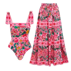 FLAXMAKER Women's Pink Floral Paradise Print Tie Shoulder One Piece Swimsuit and Cover Skirt Set Swimdress Bathing Suit Beachwear #TikTokShopBlackFriday