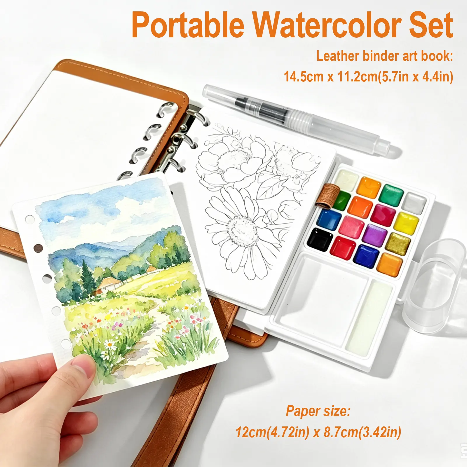 Portable Ring-Bound Watercolor Sketchbook Set, 16-Color Travel Watercolor Kit (8 Matte, 8 Shimmer), 30 Sheets Cotton Paper, Detachable Palette, Water Cup, Water Brush