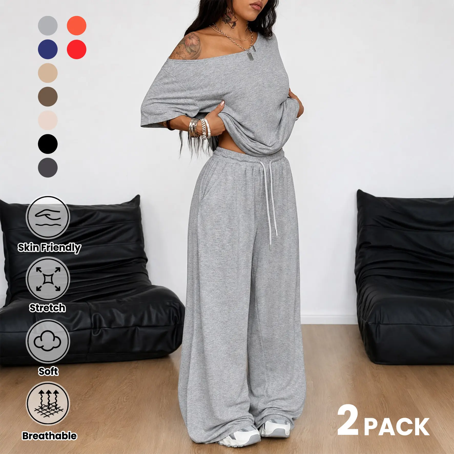 2 Pcs/Set Women's Minimalist Basic Daily Wear, Going Out, Sport Comfortable Off Shoulder T-Shirt and Wide Leg Pants Two Pieces Outfits, Womenswear