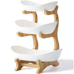 3 Tier Ceramic Fruit Bowl With Bamboo Wood Stand for Kitchen Counter,Porcelain Fruit Basket for Vegetable Storage - White