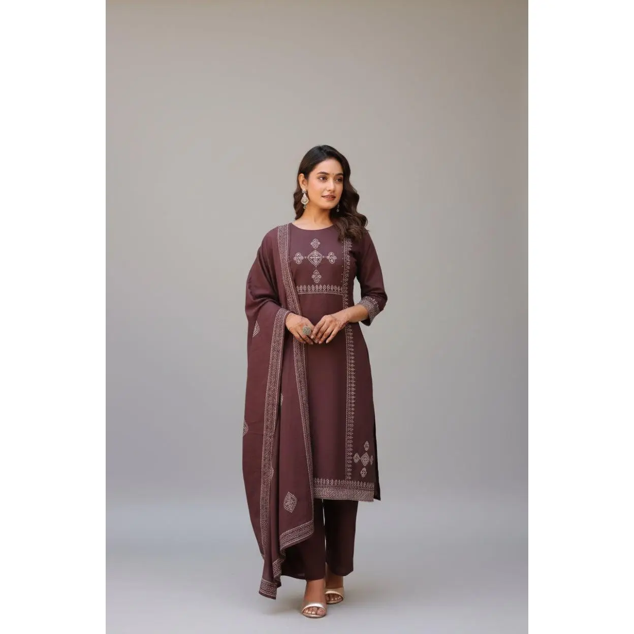 Women's Chocolate Brown Straight-Sleeve Cotton Kurta Suit with Bottoms, Traditional Indian Casual Clothes, 2X Large (44)/XXL