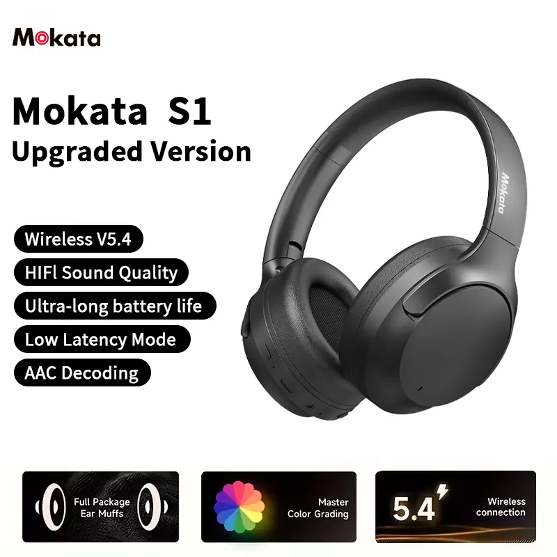Mokata S1 Upgraded Version Wireless V5.4 Over-Ear Headphones 100H Playtime Active Noise Cancelling Hi-Res Audio Deep Bass Lightweight Bluetooth 5.4 Built-in Mic Transparency Mode Type-C Charging Comfortable Padded Ear Cups Sleek White Gaming