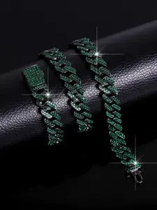 1pc Hip Hop Iced out Green blingbling Bracelet Cuban Chain Bangle for Trendy Men and Women Punk Style Ideal Gift Choice for Friend Cuban Link Chain Mens Miami Cuban Bangle set Rapper Wear Accessories Rhinestone Bangle Bracelet
