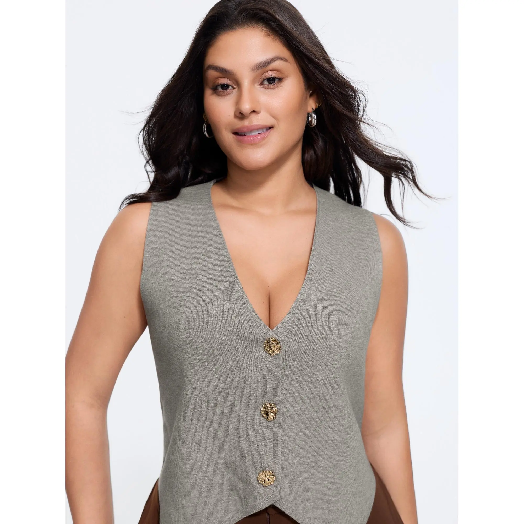 BloomChic Sweater Vest, Plus Size Heather Ribbed Rayon Blend Top for Women, Cropped Sleeveless with Metal Buttons, Fabric, Garment, Fit