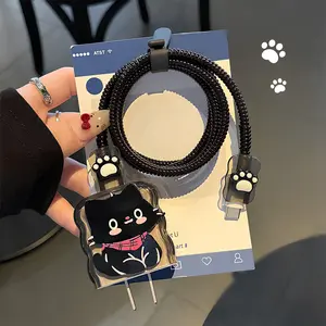 Cute Black/ White Cat Design TPU Data Cable and Charger Protection Set, Resistant Floral Design, Anti-Break Tangle, Suitable for Iphone 18/20W, Protective Data Cable Organizer Clip, Charging Adapter Protective Case, Good Gift Choice
