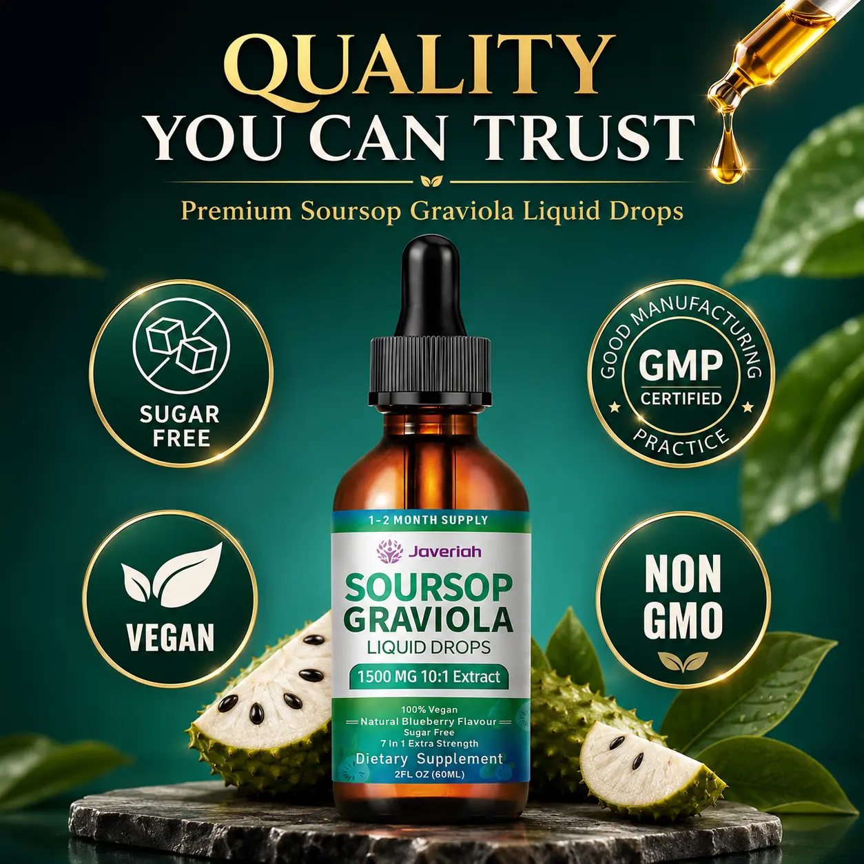 Javeriah Soursop Graviola Liquid Drops, GMP Certified Manufacturing, Third Party Tested Herbal Supplement, Premium Soursop Extract Formula, Quality Assured Vegan Dietary Supplement, 2 Fl Oz (60ml)
