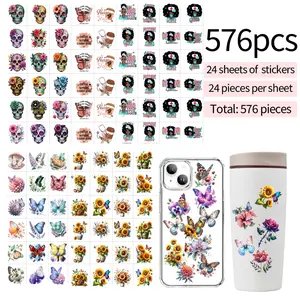 576PCS UV DTF Wrap Stickers Set, 24 Sheets with 24 Mini Stickers Each, Transfer Decals for Phone Cases, Cups, Notebooks, Laptops and DIY Decoration