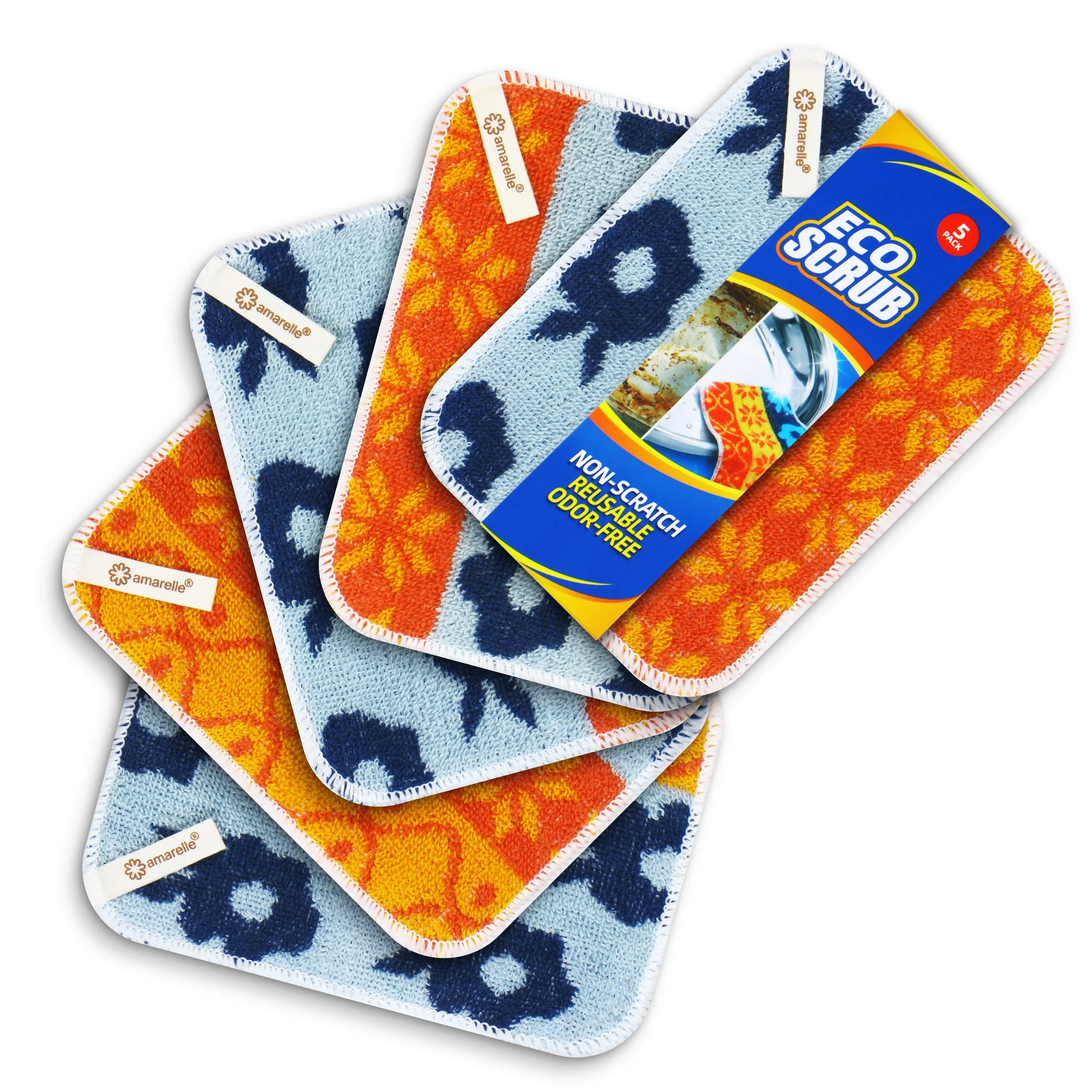 Amarelle GEN II Reusable Dish Scrubbers (5-Pack), 5"x7" Dual-Sided Heavy Duty Scouring Pads with Hanging Loop | Odor-Free Kitchen Scrub Cloth for Cast Iron & Veggies, Machine Washable (Nordic Folk)