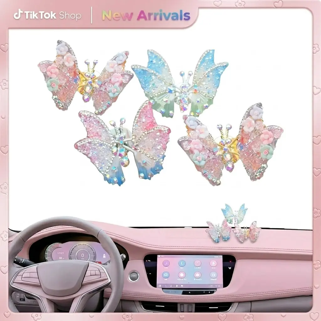 4pcs Flying butterfly Decor With Diamonds Car Accessories Home decor Wall Stickers Pink butterfly Moving butterfly Purple Car Accessories Room Decor Car ornament Car Charm Car Jewelry Butterfly Jewelry for Women Girls Bedroom Decor Pink Room Decor