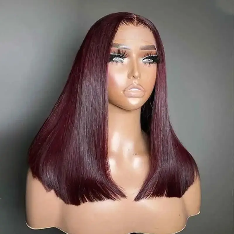 HANA HAIR Women's Lace Front Human Hair Wig, 200% Density 99J Burgundy 13X4 Transparent Pre-Plucked Short Bob, Glueless, Brazilian, Heat Resistant, Anti-Tangle, Medium Cap Size, Human Hair Wigs,sohochic