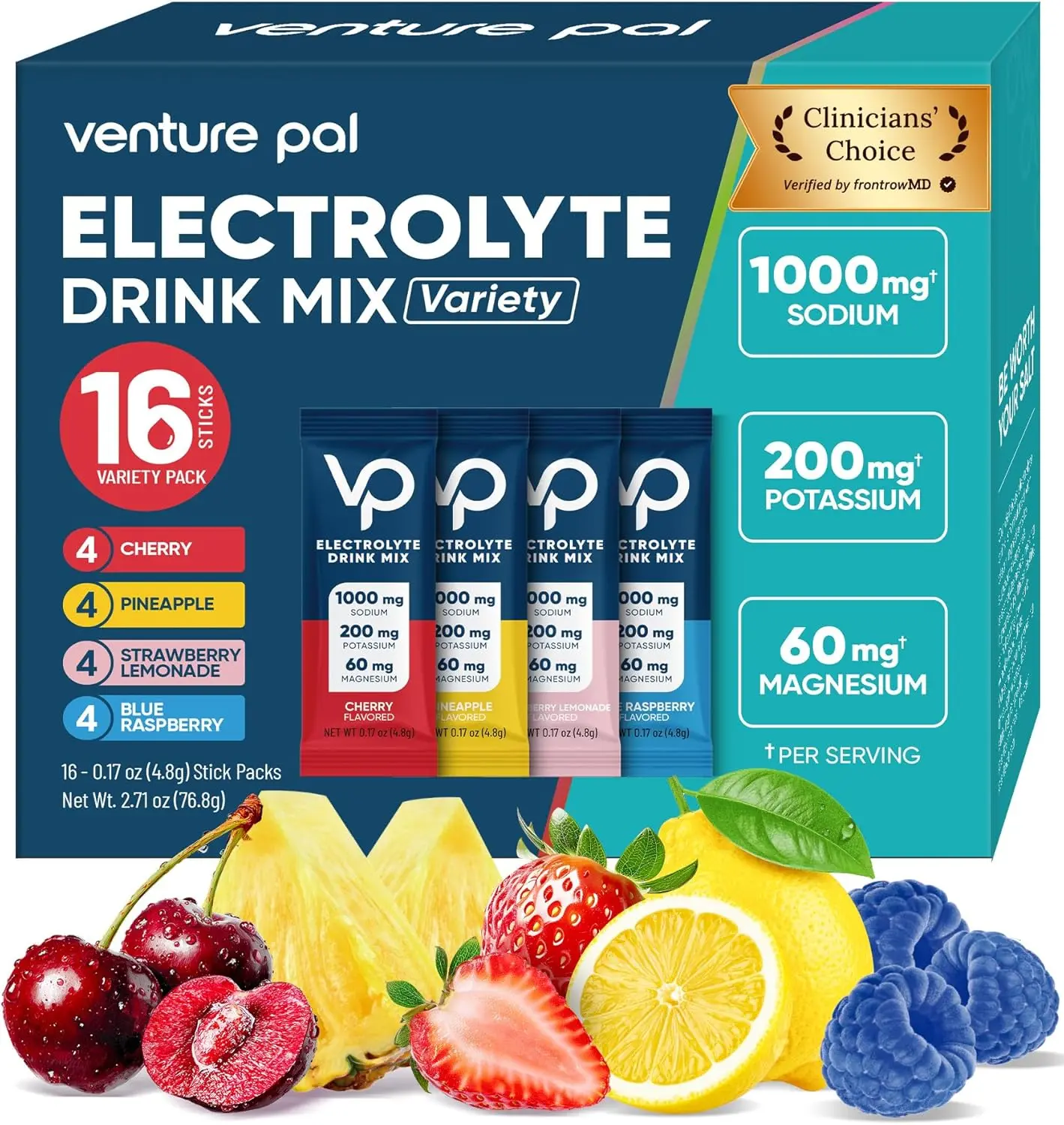 Venture Pal High Sodium Sugar Free Electrolytes Powder Packets, 16 Count | Hydration Packets with Sodium, Magnesium & Potassium, Vitamins, Zero Calories, Vegan, Keto & Paleo Friendly