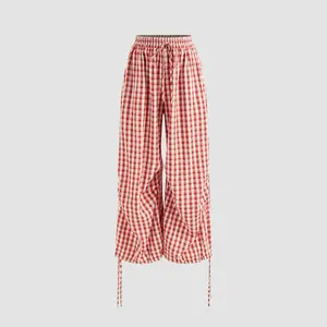 Women's Gingham Pattern Casual Loose Pants, Mid-Rise Knotted Drawstring Wide-Leg Trousers with Pockets, Womenswear Bottoms (Sizes 0-26)