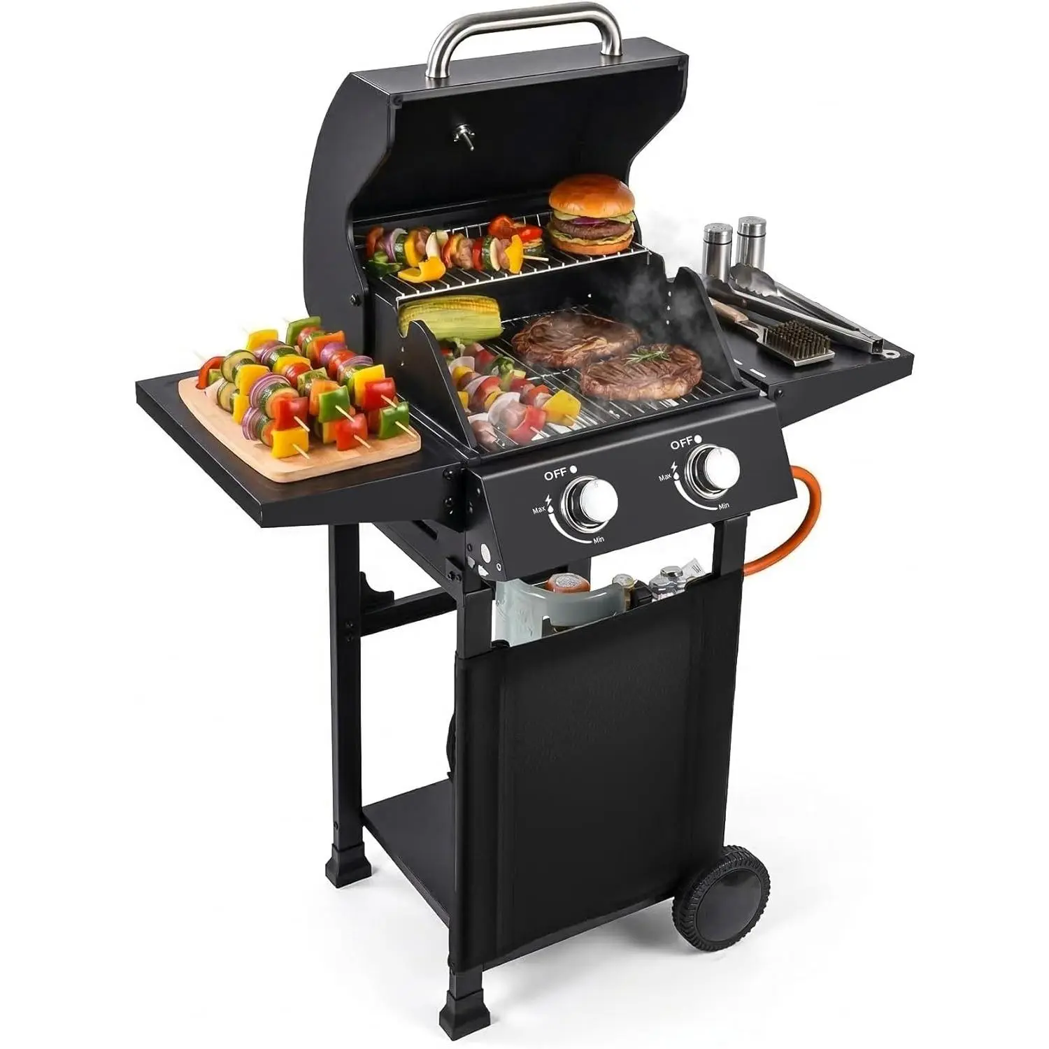 2 Burner Gas Grill, 8000×2 BTU Portable Propane BBQ with 304 Stainless Steel Body, Cast Iron Grates, Baking Tray, Wheels & Side Shelves for Patio, Garden, Camping, Natural Gas Grill