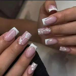 Spring Essential French Floral Print Glossy Nail Polish, French Nail Art, Removable Nails, 24pcs Square Press-On Nails for Women Girls Daily Wear