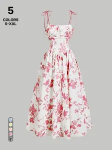 Women's Spring Summer French Vintage Halter Long Dress, Floral Waist Cinch Slim A-Line Skirt, Elegant Vacation Dress for Women