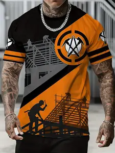 A men's construction worker pattern printed short-sleeved T-shirt - black and orange contrast design, breathable H-shaped fitted round-neck casual shirt, suitable for outdoor work and gym wear in spring/summer, durable casual wear, Streetwear, Menswear