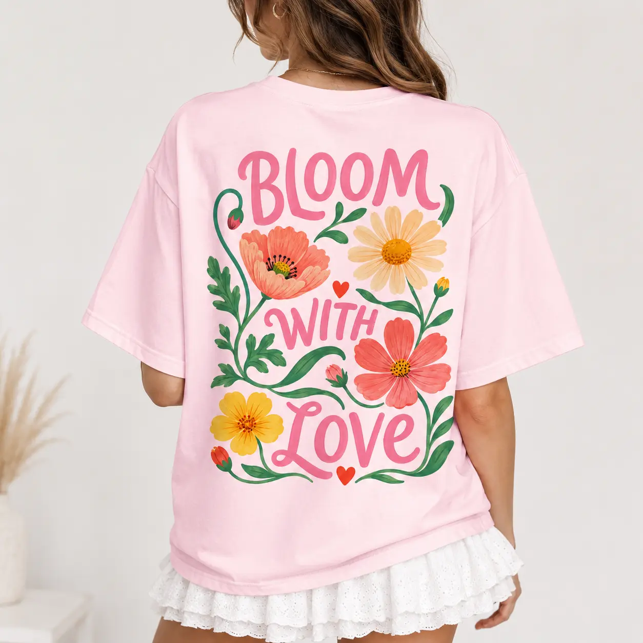 [100% Cotton] Bloom With Love T-Shirt, Colorful Floral Graphic Tee with Hand-Painted Wildflowers, Bloom With Love Oversized Shirt for Women, Romantic Spring Tshirt, Cottagecore Garden Tee for Casual Wear, Mother's Day Outfit