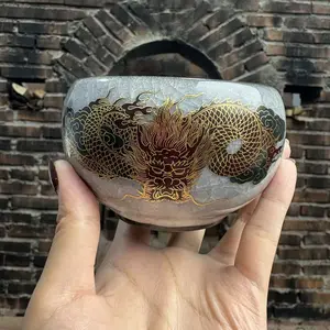 Gray Chinese-style ice crack porcelain cup with hand-painted gold dragon motif