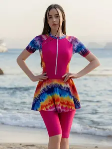 Women's Tie Dye Print Zipper Swimsuit Set Outfit, Casual Round Neck Swimwear Top & Pant for Beach Holiday Vacation, Ladies Islamic Modest Swimming Wear Swimsuit for All Seasons