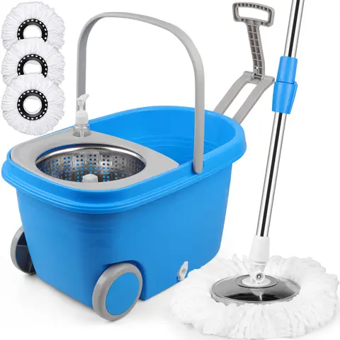 360° Spin Mop and Smooth Mop Bucket System Set - Twist-Dry Basket Wringer, 3 Washable Microfiber Heads, Adjustable Stainless Steel Handle, Wheel-Equipped for Easy Movement, Blue Hard Floor Cleaning Solution for Easy Mopping