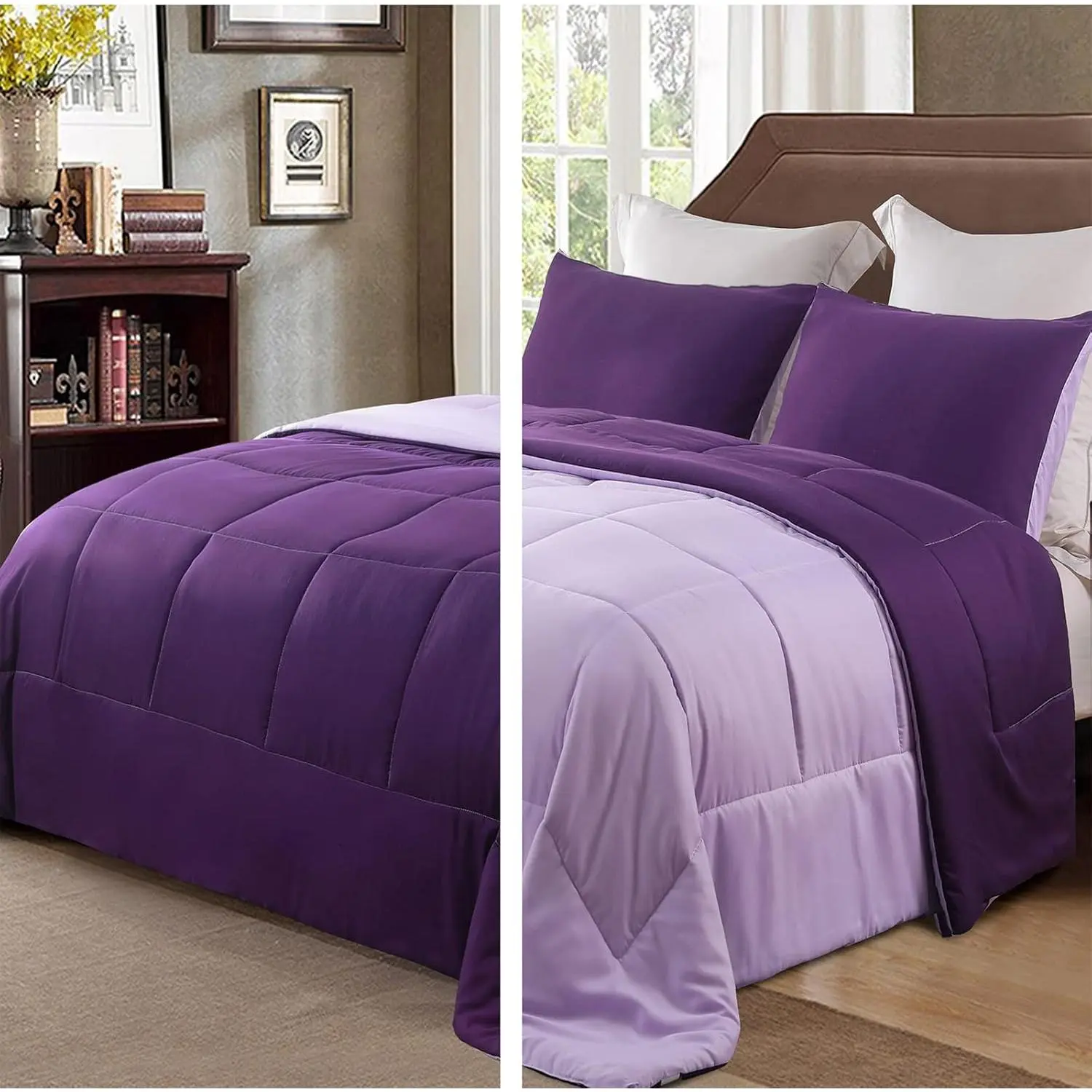 Classic King Size Microfibre Down Alternative Comforter Set - Breathable, Durable, Lightweight All-Season Bedding for Home Bedroom, Machine Washable, Set Includes 2 Pillow Shams, Deep Purple/Lilac