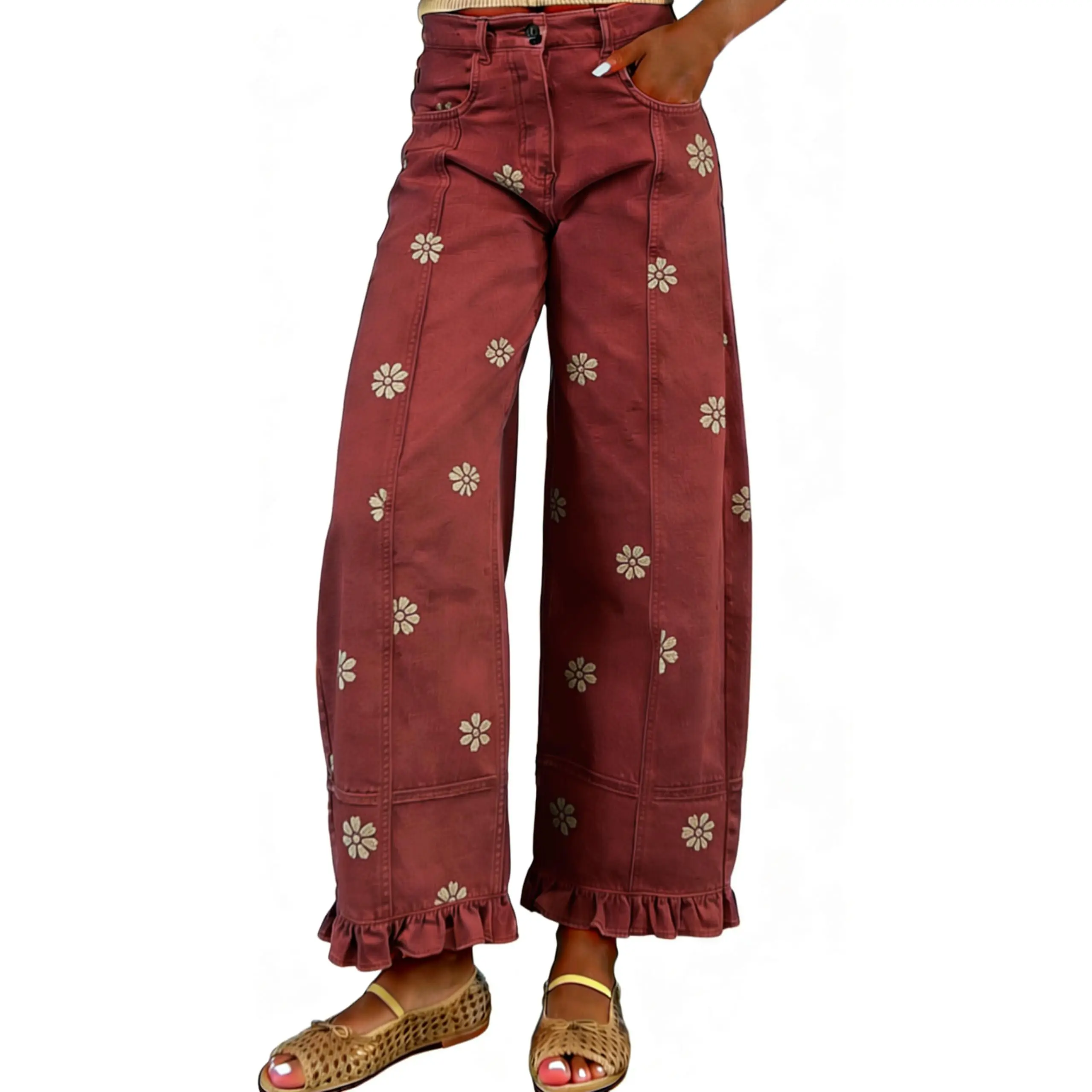 Chouyatou Women's Y2K-Style Casual Printed Jeans Loose Wide-Leg Barrel-Cut Denim Trousers with Pockets and Lace-Trimmed Cuffs