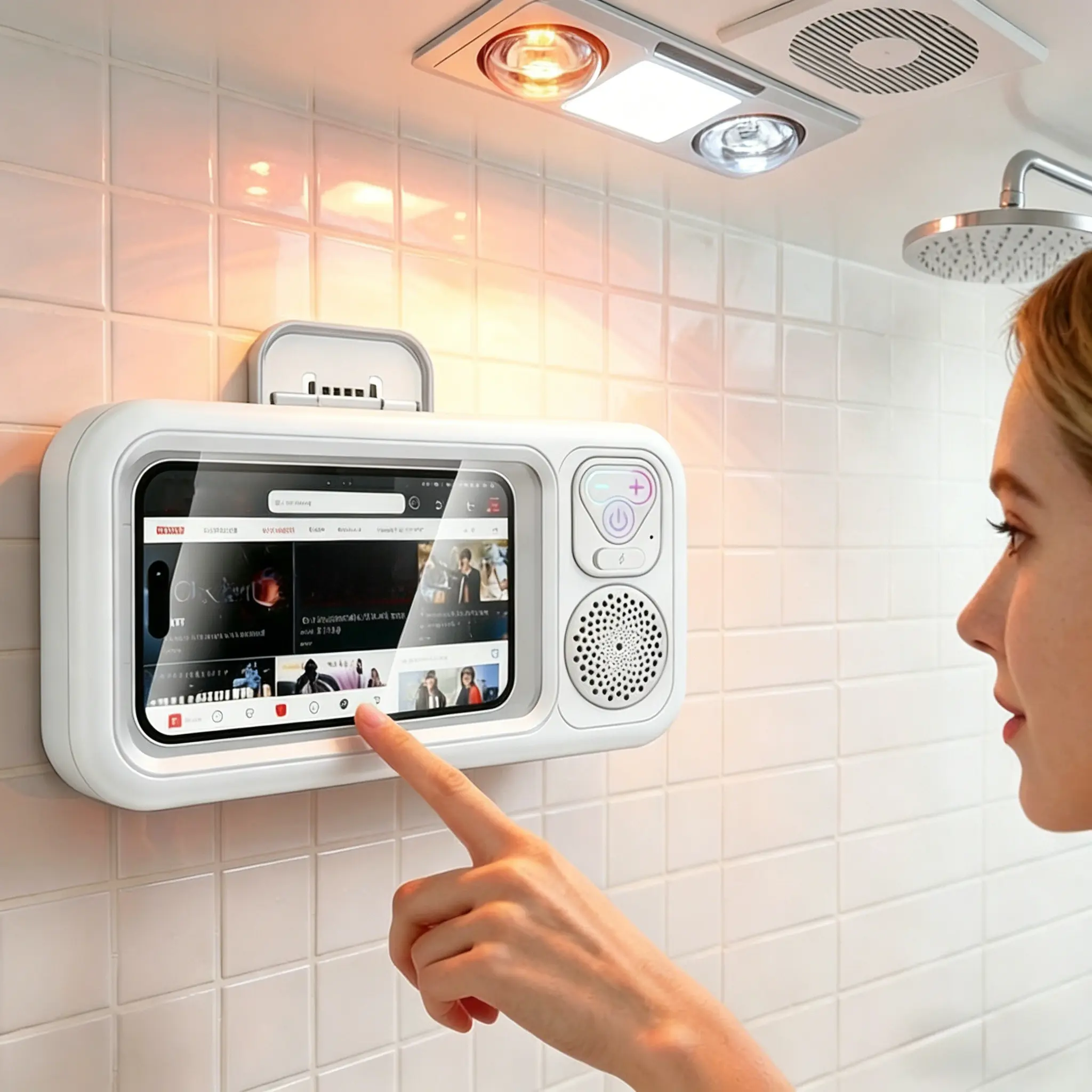 Shower Wall Mount Phone Case with Bluetooth Speaker, IPX7 Waterproof Touch Screen 360° Rotation Phone Holder for Bathroom