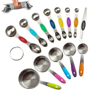 12 PCS Measuring Cups and Spoons Set Stainless Steel, 5 Measuring Cups with Colorful Silicone Handle and 7 Double-Sided Magnetic Measuring Spoons & 1 Leveler for Cooking and Baking (5+7+1) Kitchen Measuring Utensils