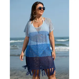 BLOOMCHIC Plus Size Acrylic Fabric Beach Cover Up - Loose-Fit, Crop-Length, Colorblock, Crocheted Fringe Hem 2026 Summer Swimwear for Mothers [M-6X],Spotlight,Summer wins,Deals for you days