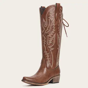Women's Knee High Cowboy Cowgirl Boots with Flame-Shaped Embroidery Snip Toe Adjustable Back Tie Side Zipper Chunky Heel Design Women's Shoes