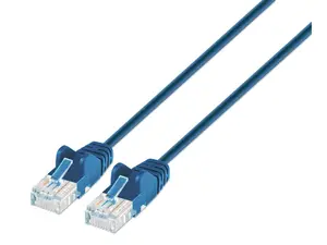 Intellinet Cat6 U/UTP Slim Network Patch Cable, 1 ft., Blue, 10G, 250 MHz, 100% Copper, 30 AWG, RJ45, Stranded, Snag-free, Gold-plated Contacts