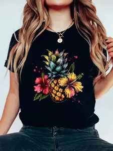 100% Cotton Tshirts Pineapple And Hibiscus Flower Hawaii Summer Beach T-Shirt Casual Print Short Sleeve White T Shirt Graphic Tees Women Tops
