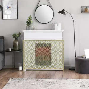 Brass Tone Metal Fireplace Screen with Vintage Moroccan Arabesque Pattern