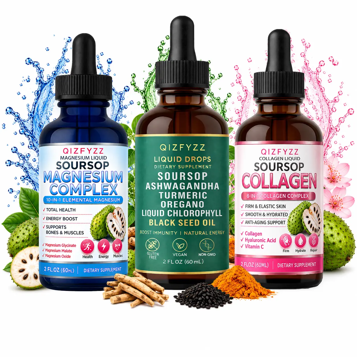 Soursop Wellness Trio, Collagen, Magnesium & Herbal Liquid Complex for Muscle Recovery, Immune Support, Hydration & Natural Energy