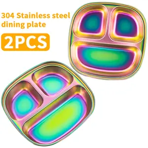 【2 pcs】304 Stainless Steel Plate Divided Plates,Designed, Non Toxic, BPA Free & Dishwasher Safe  Kitchenware Cutlery&Tableware Plates