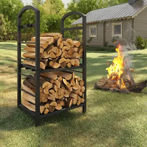Double Layer Metal Firewood Rack - 15.7×11.8×29.5 Inch Wrought Iron Log Holder with 5-Piece Fireplace Tool Set - Durable Wood Storage Organizer for Indoor Fireplace or Outdoor Patio - party gift