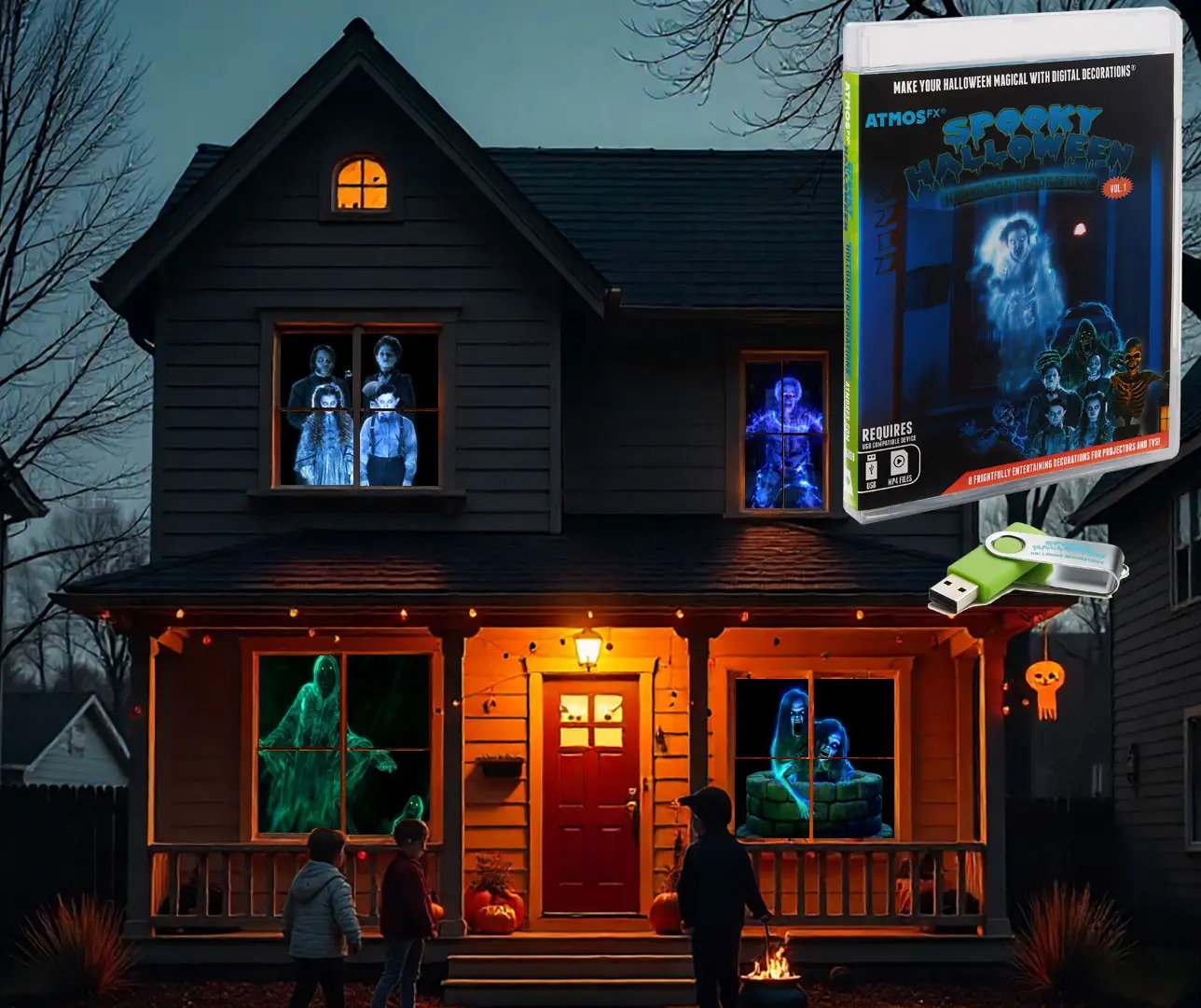 AtmosFX Spooky Halloween Hollusion Digital Decoration on USB features 8 AtmosFX Video Effects for Halloween