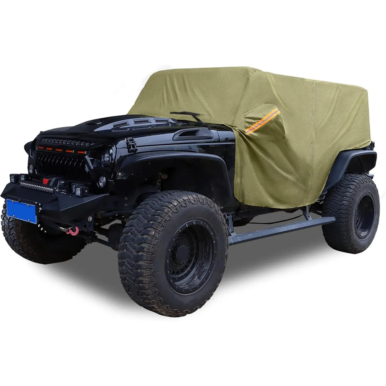 SUV Car Cover for Jeep Wrangler JK/JL Series 2-Door Hardtop (2007-2021) - 210D Oxford Cloth Fabric, Green, Driver Door Zipper, Waterproof Bag, Reflective Warning Bar, Self Install, Wind Resistance, Double Stitched Reinforced Seams, Half Cover, 245X165x140