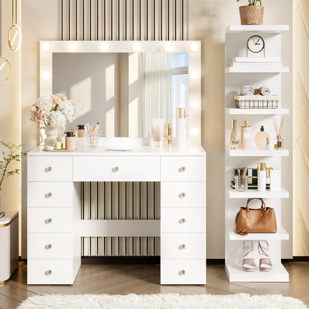 White Stylish Full-Size High-Brightness Self-Contained Luxury Makeup Vanity Desk - 11 Hollywood Bulbs, 7-Tier Storage Shelves, 11 Drawers, Power Outlet, 3 Color Lighting Modes, Display Shelf, Crystal Handles, Stylish Makeup Vanities, Full-Size Makeup Vani