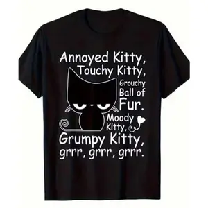 Grumpy Annoyed Kitty Graphic Oversized T-Shirt, Cute Black Cat Cotton Comfort Outfit, Funny Moody Cat Fashion Tee, Perfect Valentine's Day Gift for Him Her, Best Holiday Present for Family Friends