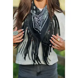 Leather Fringe Bandana in Black on Black
