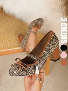 Spring summer styles, single strap with pin buckle for easy wear, bowknot, woven round toe, thick heel, rubber sole, retro, Stylish, Fashion, Elegant, available in pink and brown, women's Mary Jane high heels, weddings/parties/Christmas/Work/Date