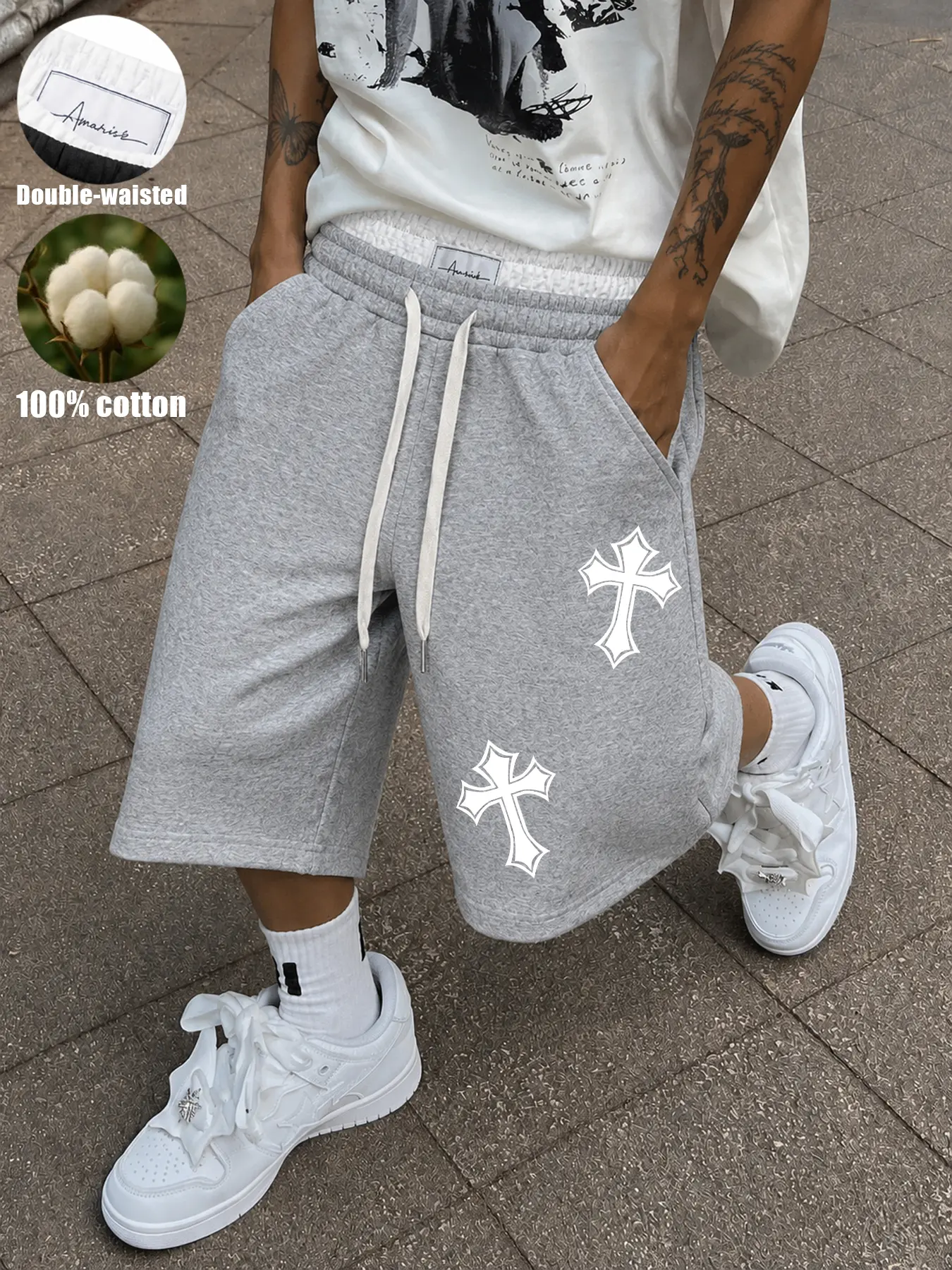 Men's Graphic Sweat Shorts Double Waist Drawstring Loose Fit Streetwear Shorts for Men, 100% Cotton Mid Length Casual Summer Shorts with Side Pockets, Cross Print Athletic Lounge Shorts, Skater Hip Hop Fashion Bottoms