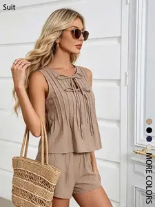 French fashion pleated lace up sleeveless top and shorts set for women's summer casual loose commuting home two-piece set, suitable for short vacations, girlfriends shopping, summer dates, home leisure