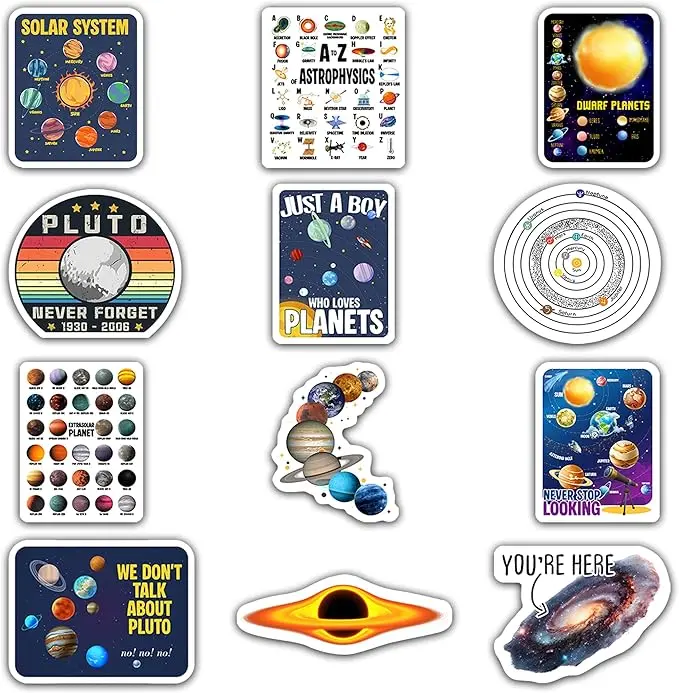 Astronomy Stickers 12pcs for Students Teens, Space Science Stickers, Planet Galaxy Solar System Stickers, Waterproof Stickers for Laptop Water Bottle