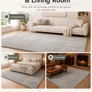 12-piece thickened interlocking carpet tiles for full coverage in bedrooms and living rooms, bedside warming mats, washable, soft, non-slip floor mats, Interlocking Washable Rugs, 11.8x11.8 inches (Model DM175)